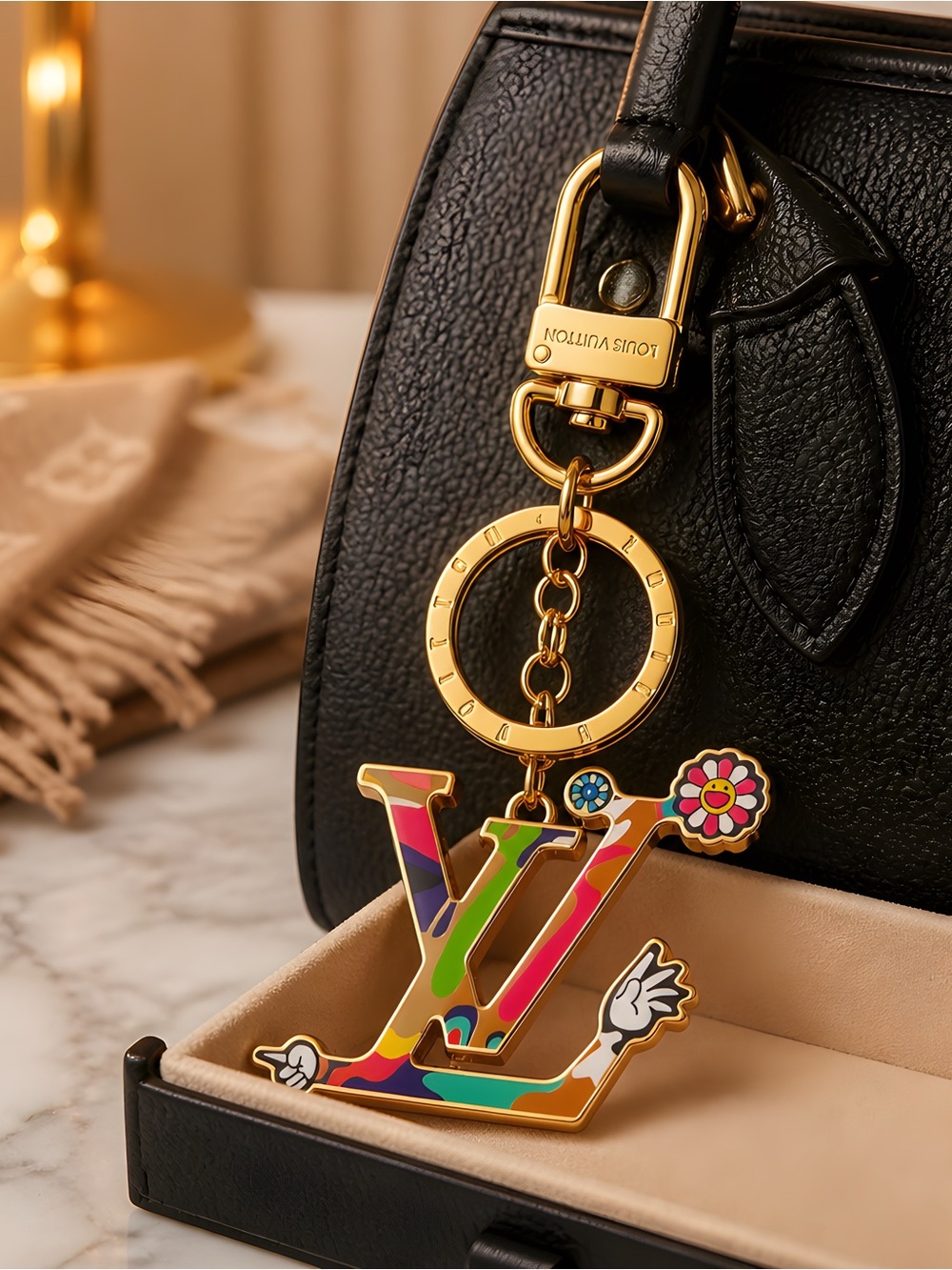 Louis Vuitton Multicolor LV Logo Gold Hardware Key Holder